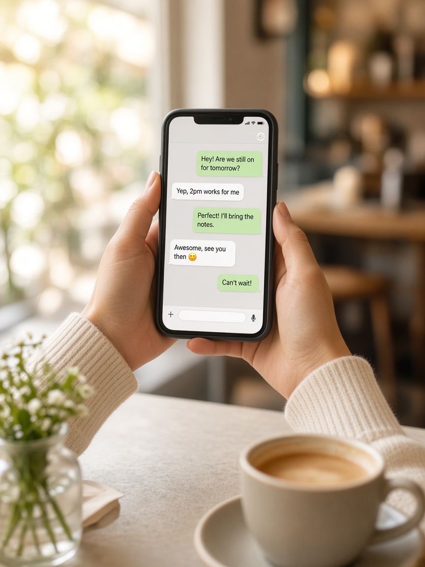 Hands holding a smartphone with a chat conversation open in a warm cafe